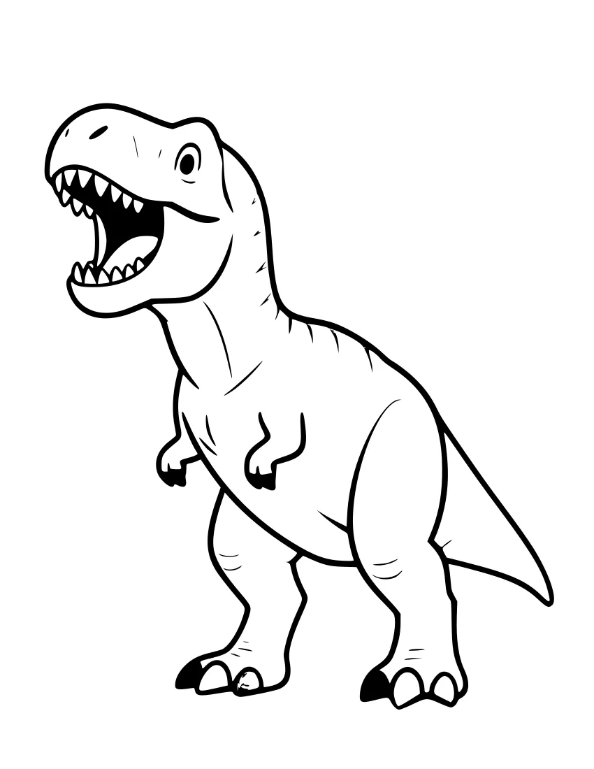 Black and white line drawing of a T-Rex roaring with its mouth open, showing sharp teeth, standing on two legs with small arms and a long tail.
