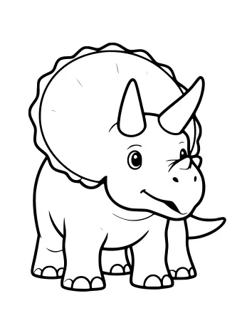 Black-and-white line drawing of a cartoon Triceratops standing on four legs, showing a large frill, three horns, and a beak-like mouth.