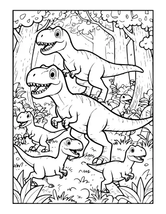 Black and white line drawing of five Velociraptors of different sizes running through a dense prehistoric forest with tall trees, ferns, and undergrowth.