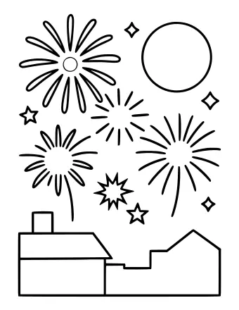 Une scène nocturne avec de grands feux d’artifice explosant sur les silhouettes des maisons.