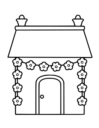Une maison simple avec des lampes à huile sur le toit et des guirlandes de fleurs autour de la porte.