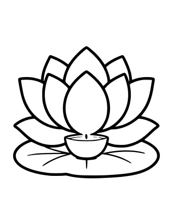 Un dessin symétrique d’une fleur de lotus avec une petite lampe à huile allumée au milieu.