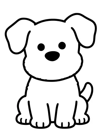Black and white line drawing of a cartoon dog sitting upright with large floppy ears, round eyes, a big oval nose, and a curled tail.