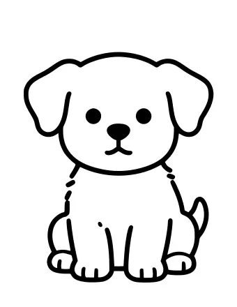 Black-and-white line drawing of a cute puppy sitting upright and looking at the viewer, with floppy ears, round eyes, a small nose, and a curled tail.