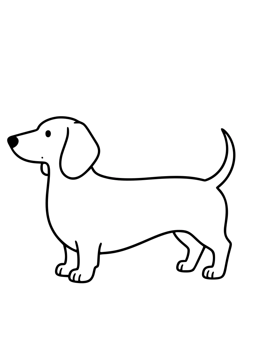 Line drawing of a dachshund standing in profile, showing its long body, short legs, floppy ears, and curled tail.