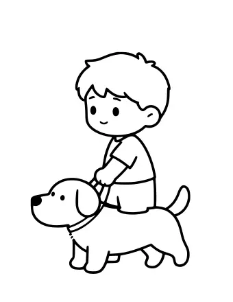 Black-and-white line drawing of a smiling child with short hair holding a leash attached to a small dog with floppy ears and a curled tail.