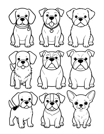 Black-and-white line art showing nine different dog breeds in a three-by-three grid, including a beagle, bulldog, and chihuahua, each sitting or standing with distinct features.