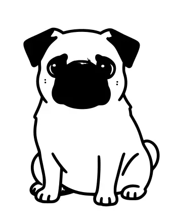 Black-and-white line drawing of a pug dog sitting and facing forward, with large floppy ears, a wrinkled face, a curled tail, and short legs.