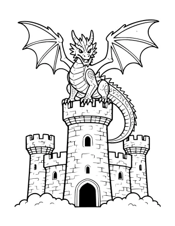 Black and white line drawing of a dragon with large wings perched on top of a tall stone castle tower, with two smaller turrets on either side.