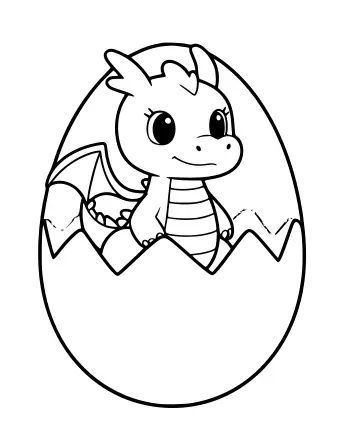 Black-and-white line drawing of a small cartoon dragon with big eyes and tiny wings emerging from the top of a large cracked eggshell.