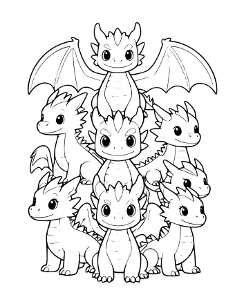 Black-and-white line drawing of seven cartoon baby dragons of different sizes, some with wings spread, arranged in a group.