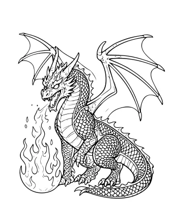 Black-and-white line drawing of a fierce dragon with large bat-like wings, detailed scales, and a plume of fire coming from its open mouth.