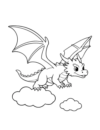 Black-and-white line drawing of a friendly dragon with large bat-like wings spread wide, flying above two fluffy clouds.