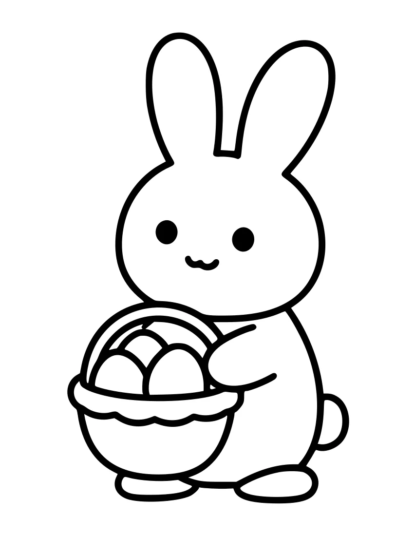 Black and white line drawing of a smiling Easter bunny with long ears holding a woven basket filled with three decorated eggs.