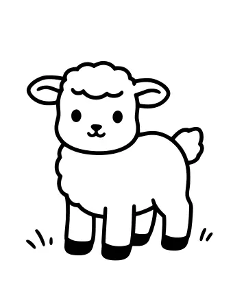 Black-and-white line drawing of a smiling lamb with curly wool on its head and back, standing on four legs with small tufts of grass at its feet.