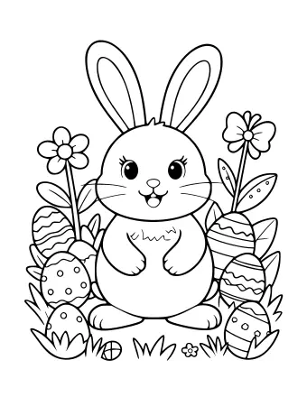 Line drawing of a smiling bunny with long ears sitting in a grassy garden surrounded by decorated Easter eggs and two tall spring flowers.
