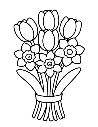 Black and white line drawing of a bouquet containing three tulips and three daffodils tied together with a ribbon bow.