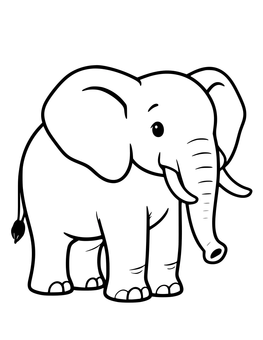 Black-and-white line drawing of an African elephant standing in side view, with large rounded ears, a long trunk curving down, and a small tail with a tuft.