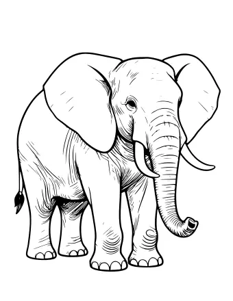 Black-and-white line drawing of a realistic elephant in side view, showing large ears, curved tusks, a long trunk, wrinkled skin, and a tufted tail.
