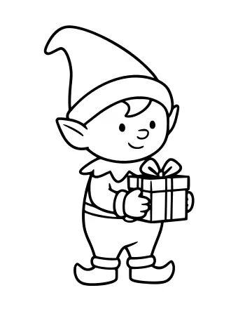 Line drawing of a smiling elf wearing a tall pointed hat and a green tunic, holding a small wrapped gift box in front of its chest.