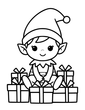 Black and white line drawing of a smiling elf with large eyes and a small pointed hat sitting on a stack of four wrapped Christmas gifts.