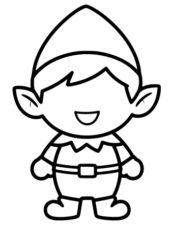 Black and white line drawing of a smiling elf wearing a tall pointed hat, a collared shirt with a belt, and round shoes.
