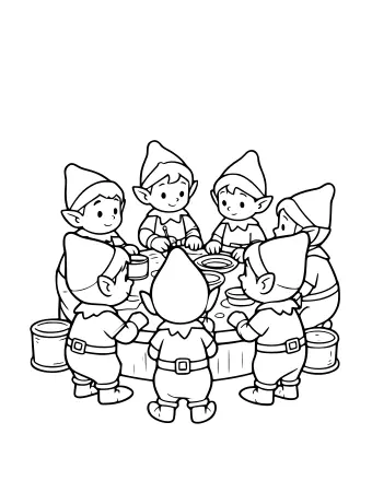 Line drawing of seven cartoon elves in pointed hats and belted tunics gathered around a round wooden table, with plates, mugs, and paint buckets nearby.