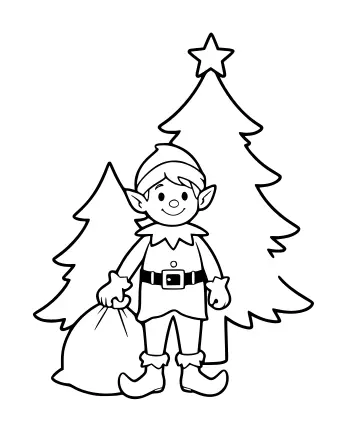A smiling elf wearing a pointed hat and tunic stands in front of a large Christmas tree topped with a star, holding a sack of toys in one hand and a small gift in the other.