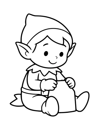Black and white line drawing of a smiling elf in a pointed hat and tunic sitting on the floor, holding a small toy and a tool.