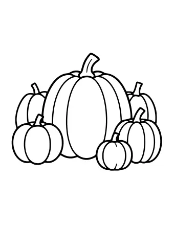 Black and white line drawing of a large pumpkin in the center with three smaller pumpkins of varying sizes arranged around it on the ground, each with a curved stem.