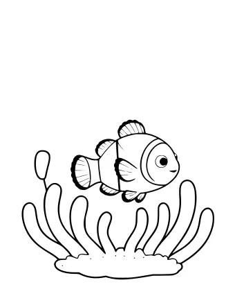 Black-and-white line drawing of a cartoon clownfish with three white bands swimming among wavy sea anemone tentacles on a white background.