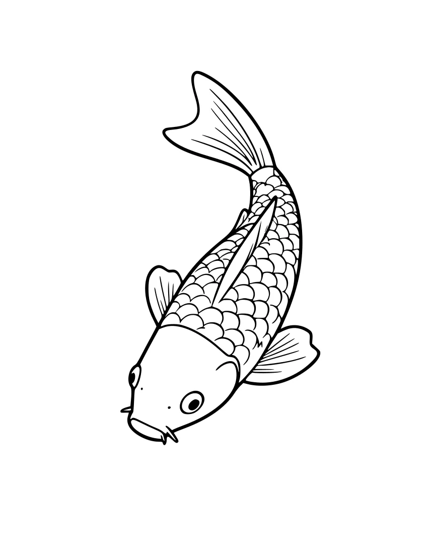 Black and white line drawing of a koi fish swimming downward, featuring detailed overlapping scales, a large flowing tail fin, and small barbels near its mouth.
