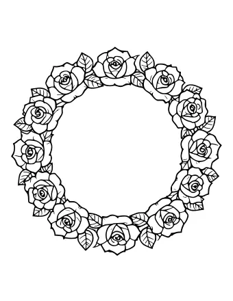 A circular garland of roses and leaves, suitable for adult coloring, with detailed petals and veins on the leaves.