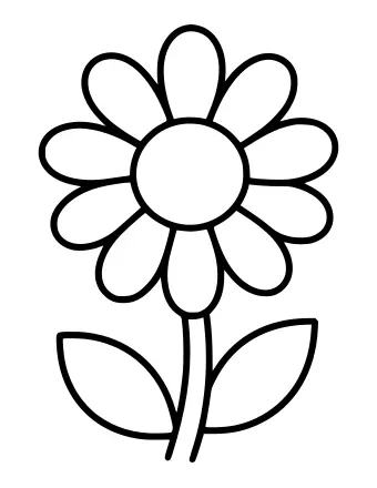 Black and white line drawing of a large daisy with eight petals, a round center, a straight stem, and two leaves.