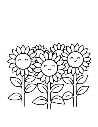 Three smiling sunflowers with long stems and leaves in a field, set against a blank background for a blue sky.