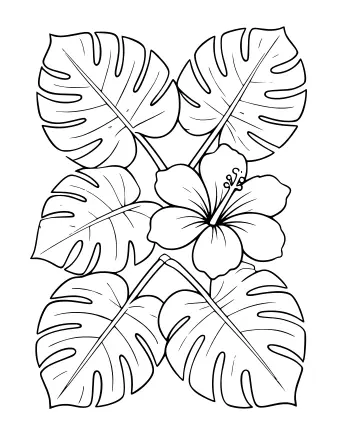 Black and white line drawing of five large monstera leaves with deep splits and a single five-petaled hibiscus flower with a long stamen in the center.