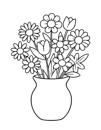 Black and white line drawing of a vase holding a loose bouquet of wildflowers, including daisies with round centers and tulips with pointed petals, surrounded by long leaves.