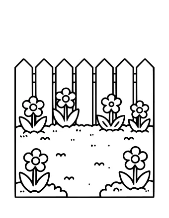 Black and white line drawing of a garden scene featuring a white picket fence, a dirt path with small stones, and several daisy-like flowers growing in the soil.