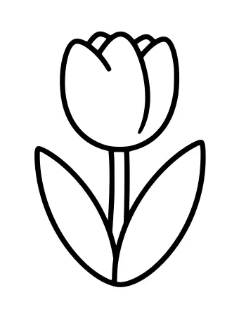 Black and white line drawing of a single tulip flower with two long leaves on a white background.