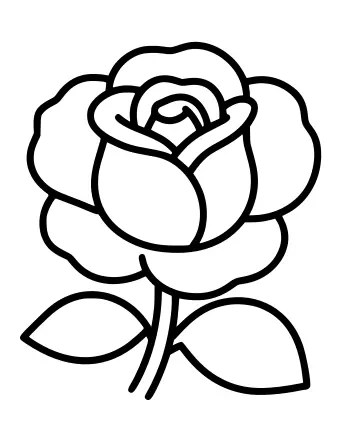 Black and white line drawing of a single large rose with bold outlines, rounded petals, and two leaves on a stem, designed for young children.