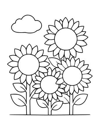 Line drawing of three sunflowers of different sizes with green leaves and stems, set against a blue sky with one white cloud.