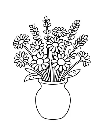 Line drawing of a mixed bouquet of wildflowers including daisies and lavender arranged in a vase, with two daisies showing simple smiling faces.