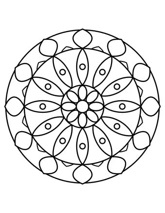 Circular flower mandala with an eight-petal center, twelve long petals with dots, and two rings of rounded outer petals