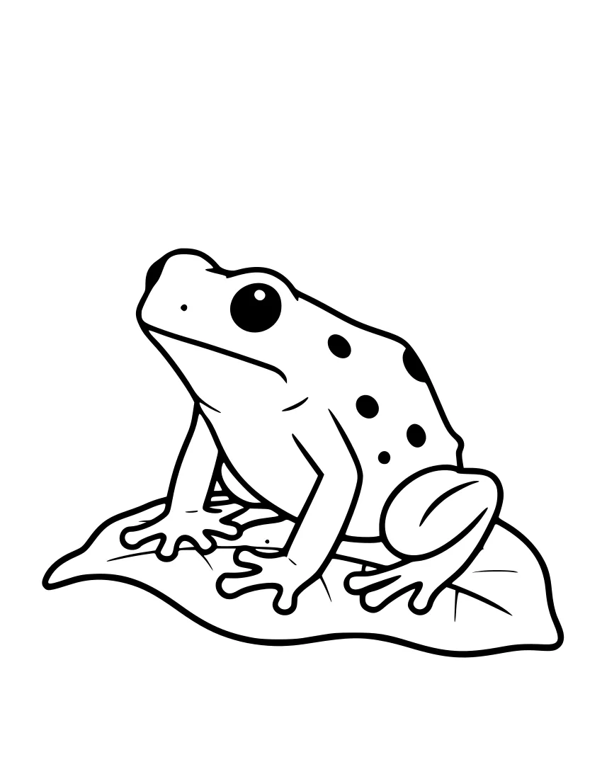 Black-and-white line drawing of a small spotted dart frog sitting on a large leaf, with its front legs visible and a curled tail.