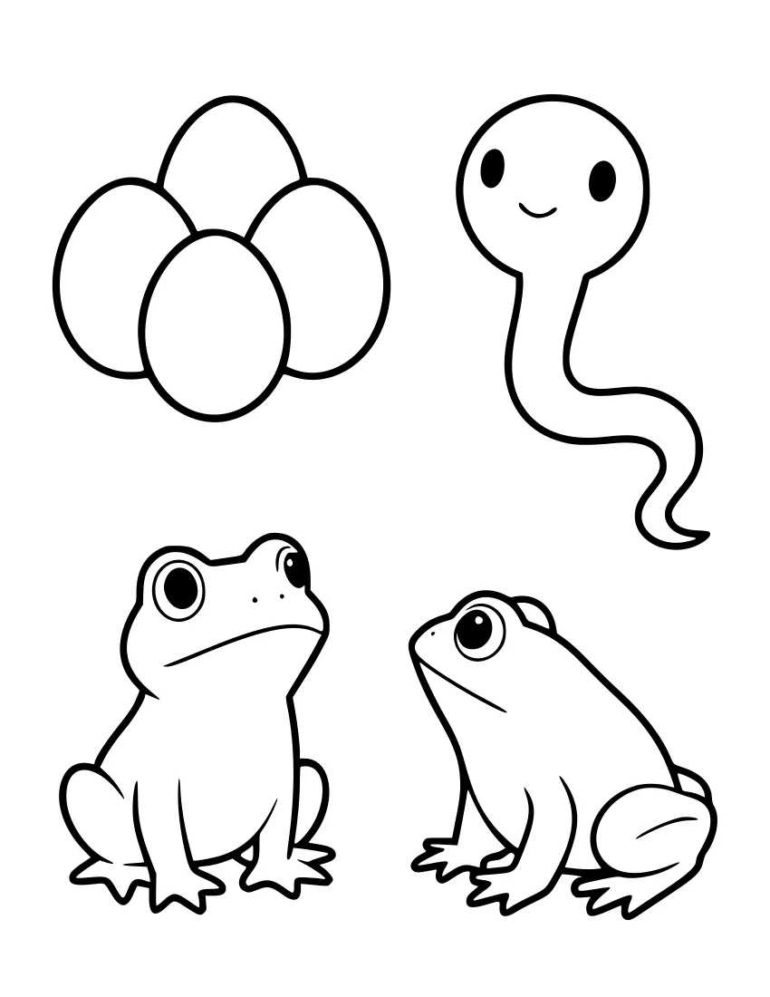 Four black-and-white line drawings arranged in a circle: a cluster of round frog eggs, a smiling tadpole with a long tail, a froglet with four legs and a shrinking tail, and an adult frog sitting upright.