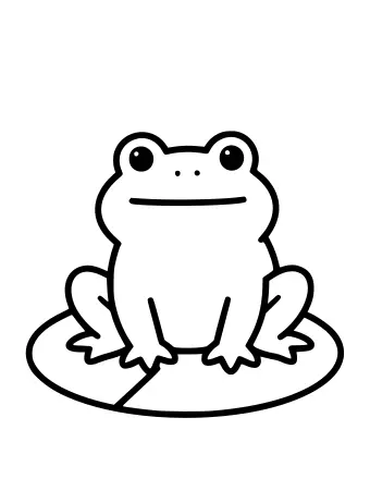 Black-and-white line drawing of a smiling frog with large round eyes sitting on a round lily pad in a pond.