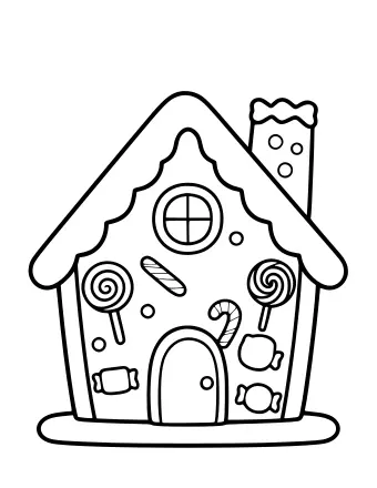Black-and-white line drawing of a gingerbread house with a round window, arched door, candy canes, lollipops, gumdrops, and a candy chimney.