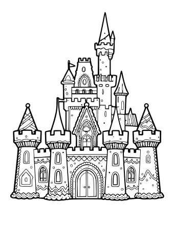 Black and white line drawing of a large, multi-story gingerbread castle featuring tall turrets, arched windows, and detailed icing patterns.