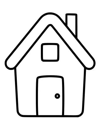 Black and white line drawing of a simple single-story cottage with a triangular roof, a chimney, a square window, and a rounded door with a doorknob.