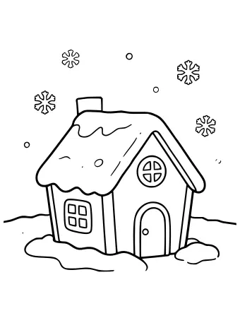 Line drawing of a gingerbread house with a snow-covered roof, round window, arched door, and chimney, sitting on a snowy ground with snowflakes falling in the sky.